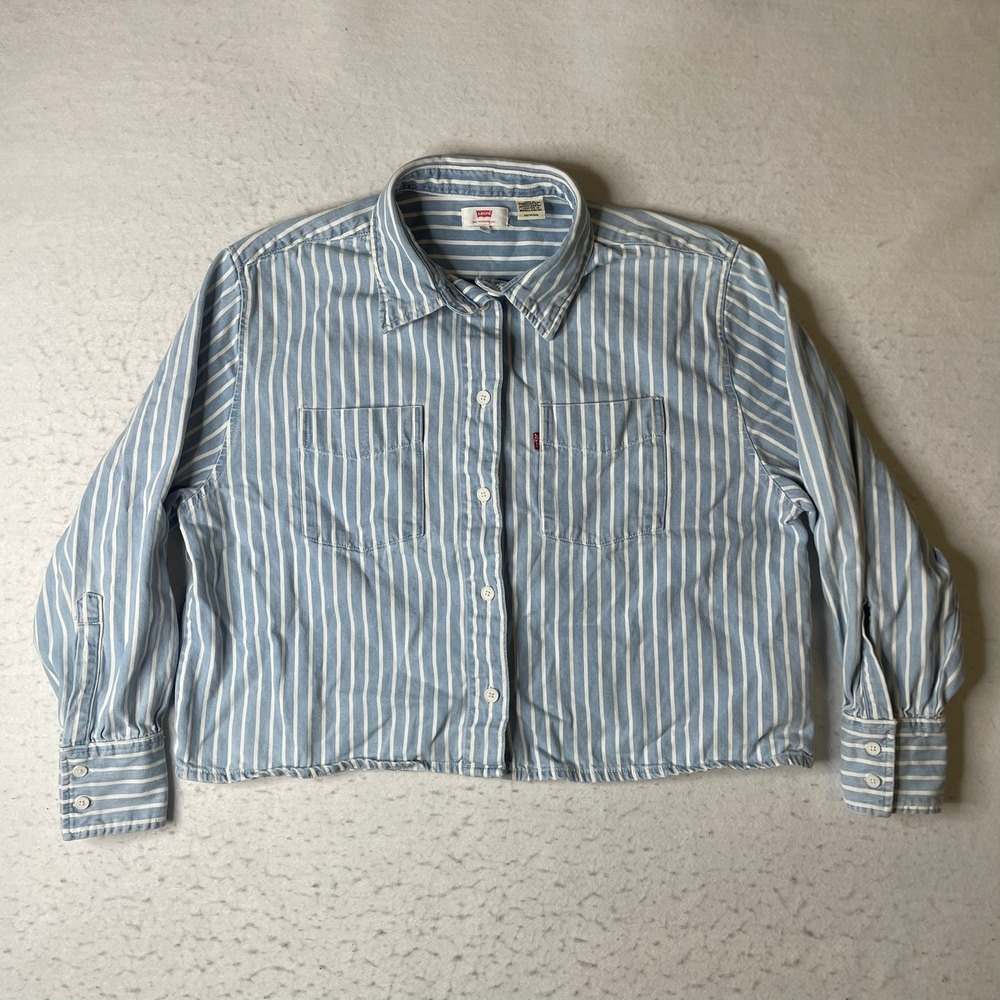 Levi's Button Down Shirt Womens XS Blue White Striped Long Sleeve Cropped Cotton